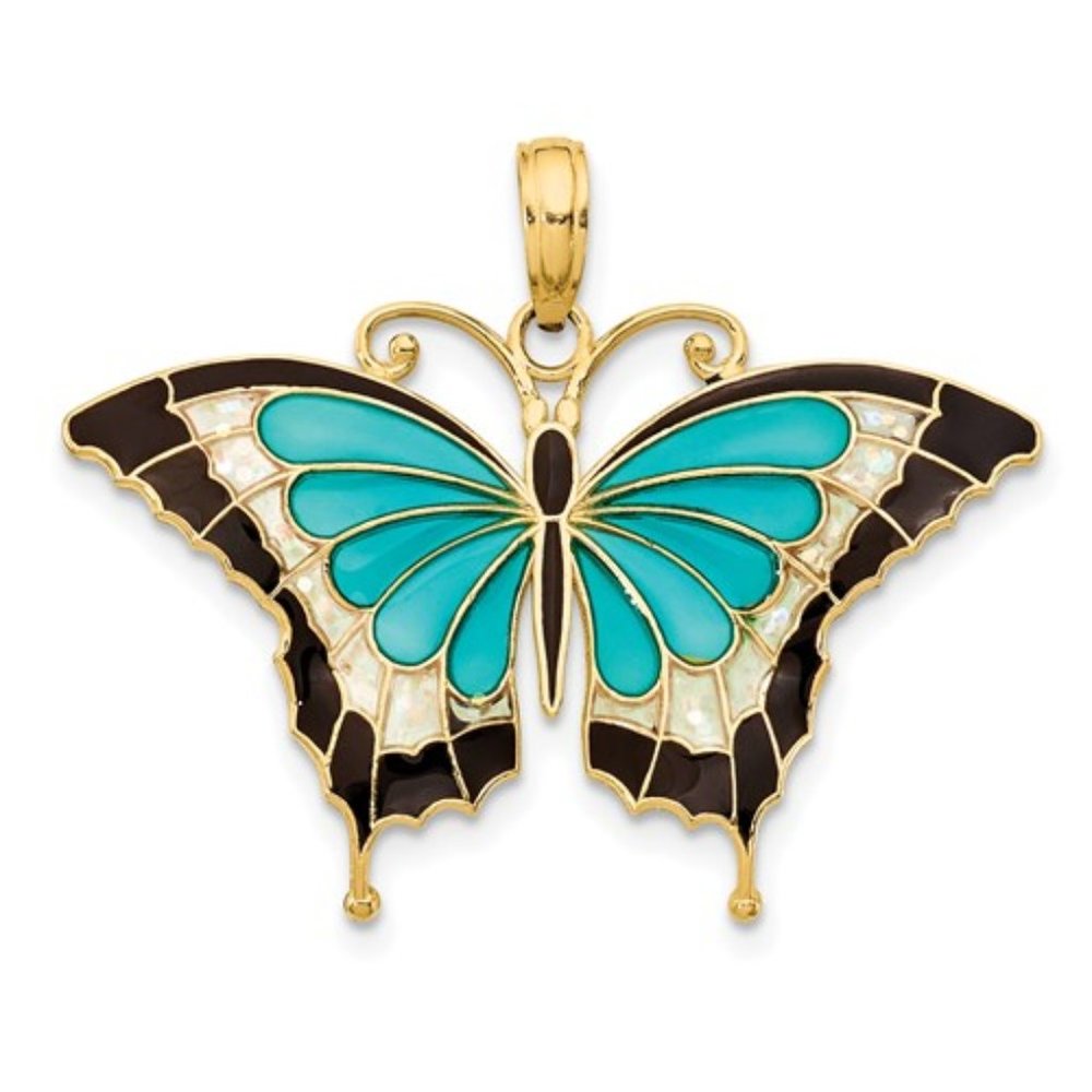 14k Yellow Gold Blue Aqua Enameled Butterfly Necklace Charm Pendant, 24mm x 31mm